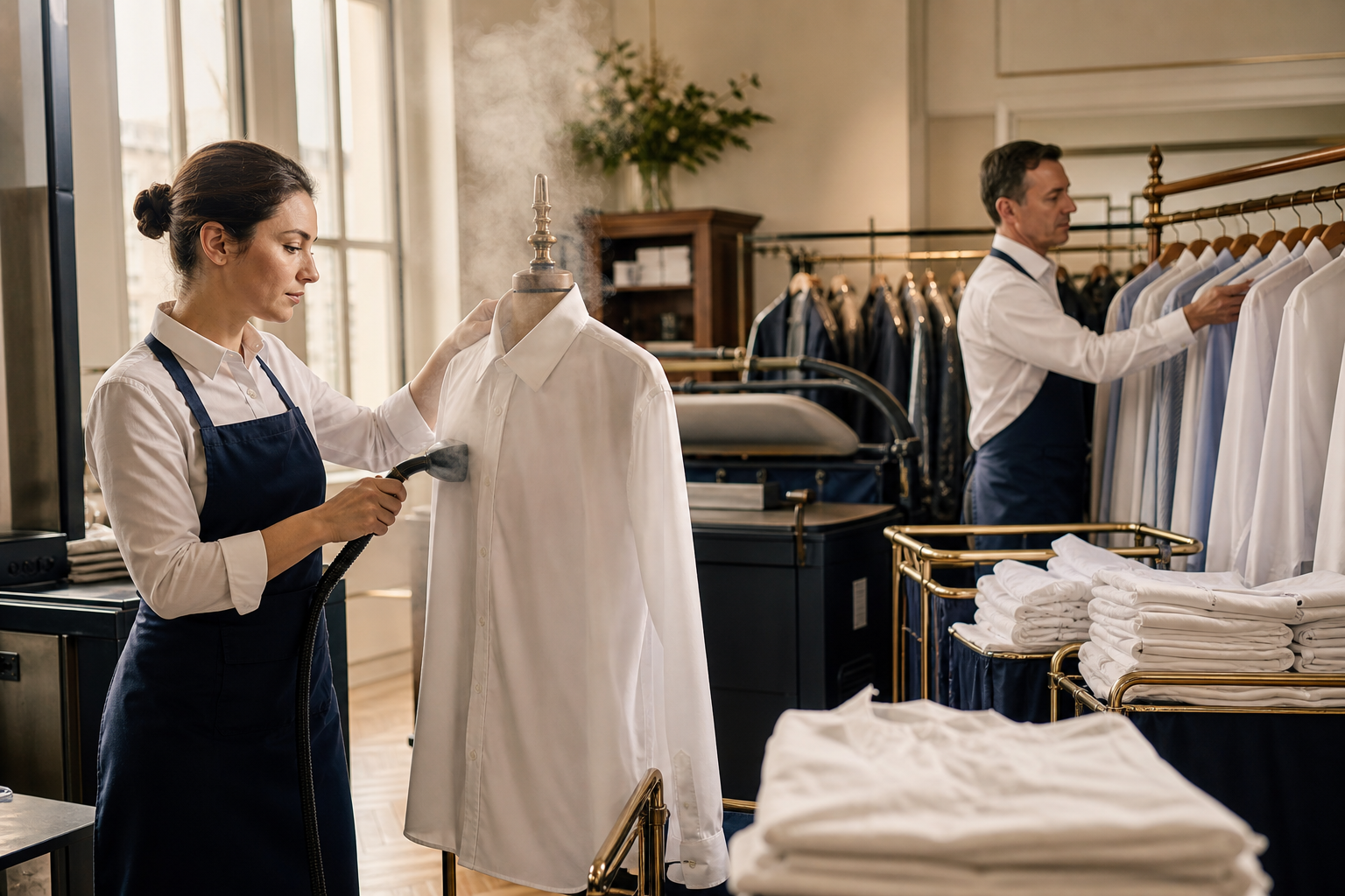 Équipe au travail dans l’atelier de pressing Au Lavandière, à Metz